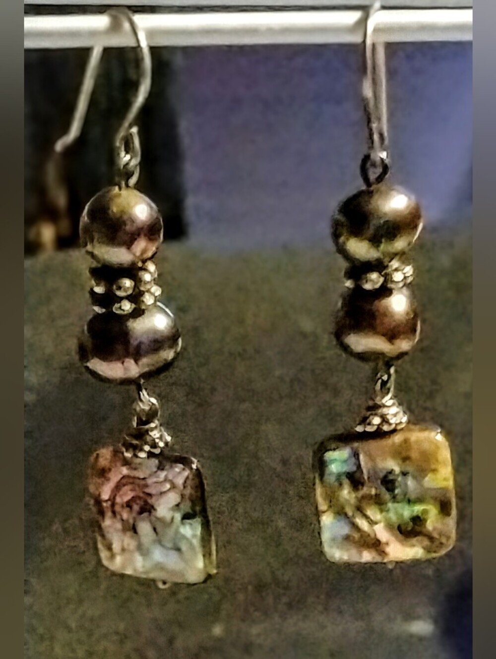 Sterling Silver Peacock Pearl Abalone Shell Drop Earrings